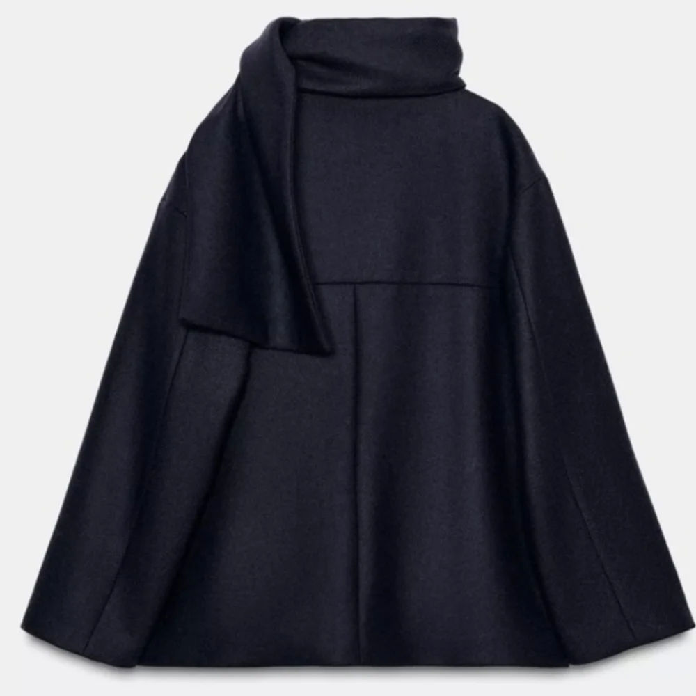 ZARA WOOL BLEND SHORT COAT WITH SCARF Navy Size XL